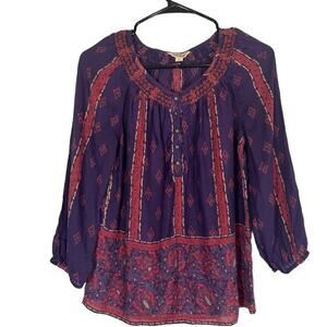 Lucky Brand Purple Multicolor Long Sleeve Boho Peasant Top Blouse Women Sz XS